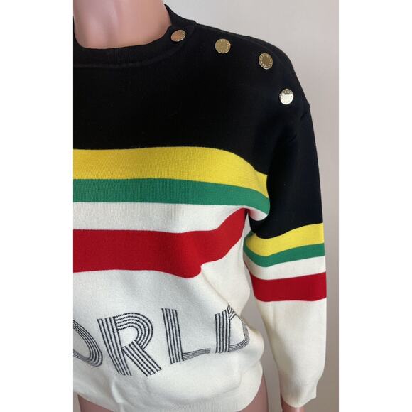 Sandro Paris Sweater Striped Slogan World Lovers Size 1/S US Multicolor Pullover - Picture 2 of 16